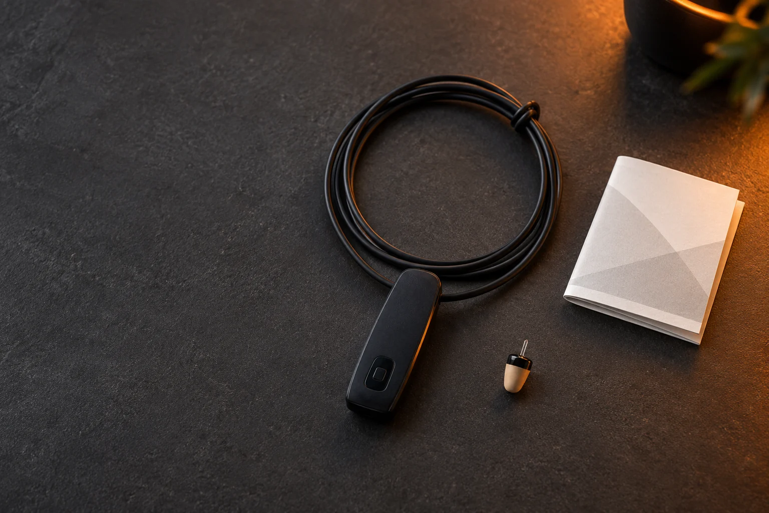 Collar Bluetooth y auricular Vip Pro junto a material de instrucciones