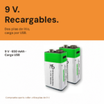 Dos pilas de litio recargables de 9 V y 650 mAh con carga USB