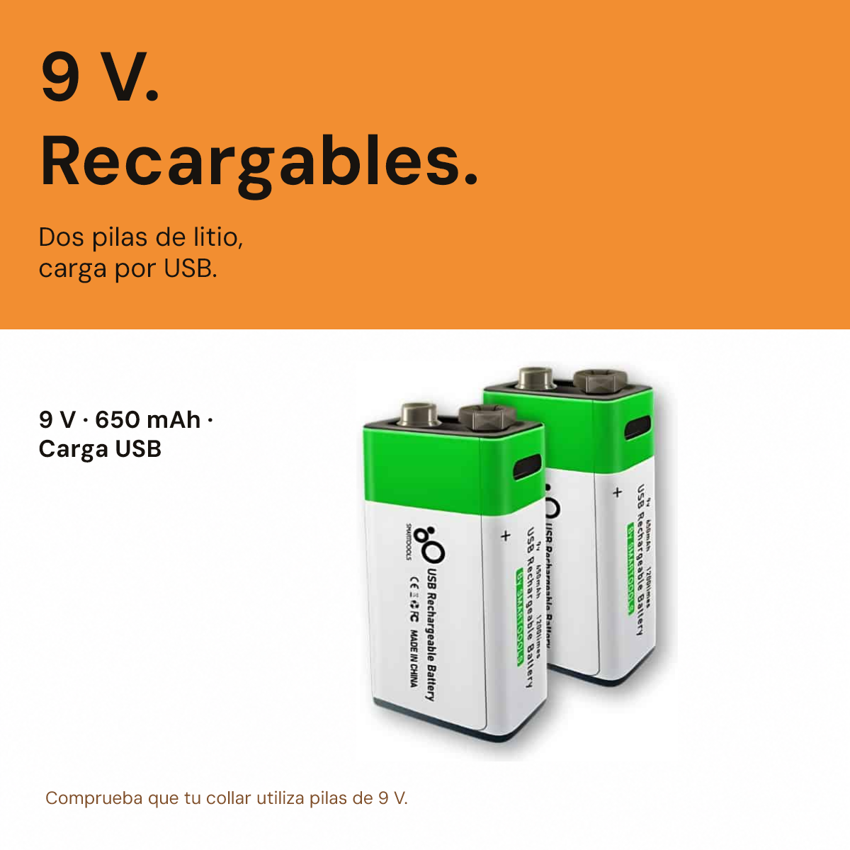Pilas recargables de 9 V - Portada Dos pilas de litio recargables de 9 V y 650 mAh con carga USB
